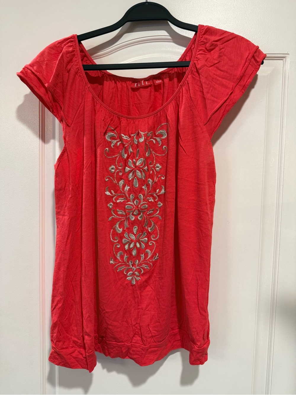 Elle Coral-Red Embroidered Cap Sleeve Tunic Top